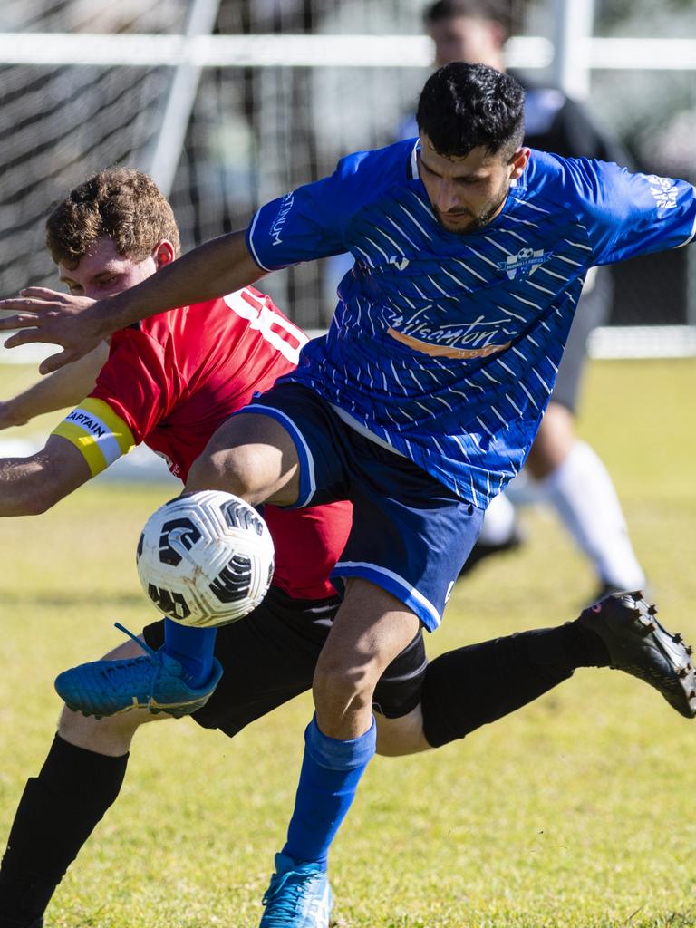 Chinchilla Bears captain Jonty Calleja (left) and Maher Simoqa of Rockville Rovers in Div 1 Men FQ Darling Downs Presidents Cup football at West Wanderers, Sunday, July 24, 2022. Picture: Kevin Farmer