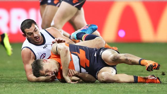 Kelly hits the deck hard, following the Tex tackle. Picture: AFL Media/Getty Images