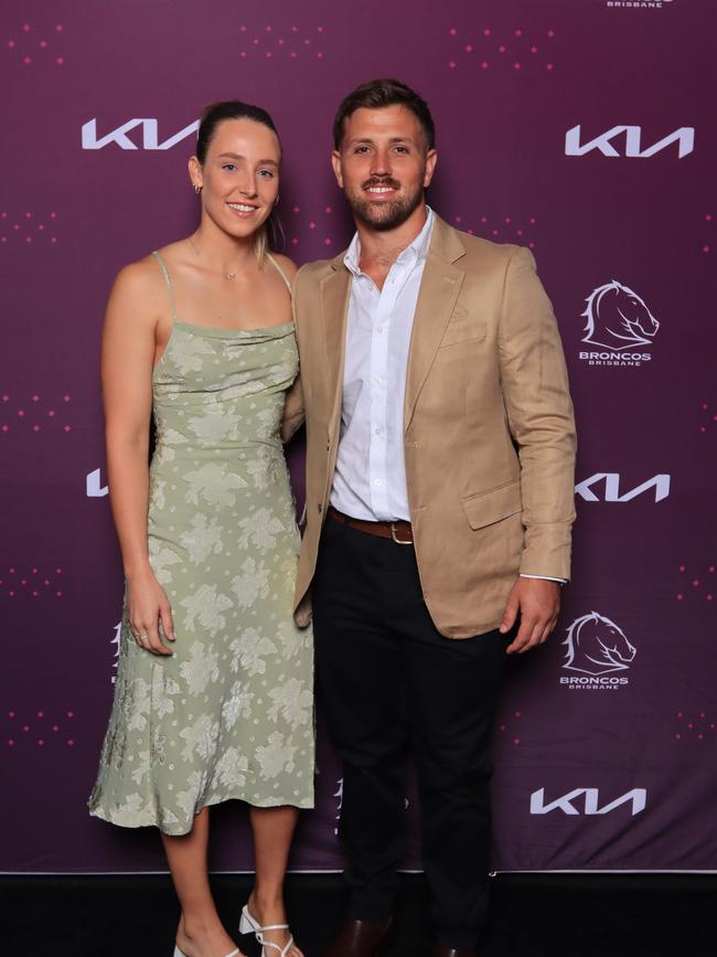 Tyson Smoothy and Kasey Price at the Brisbane Broncos’ season launch at Water’s Edge, Hamilton. Picture: David Clark