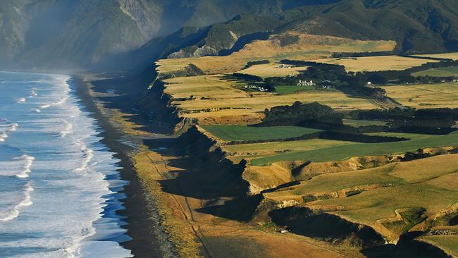 The dramatic black sand beach in front of Wharekauhau Country Estate, Palliser, NZ.