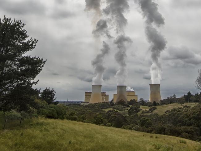 Yallourne, Victoria, Australia. Coal burning smoke stacks.