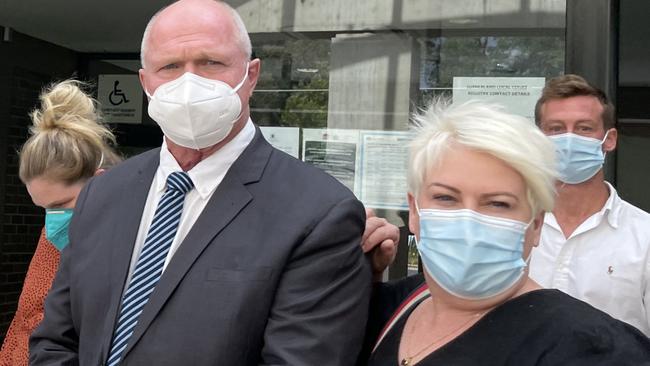 Bethany Connolly (left) and Daniel Knowles (behind) exited Sutherland Local Court on April 21, supported by Connolly’s parents (front). Picture: Ashleigh Tullis