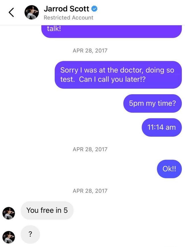 Fleming says this was the final communication she received from Scott, when he agreed to a phone call in which she told him she was pregnant.