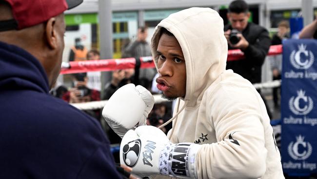 Devin Haney trains at Melbourne's Federation Square.