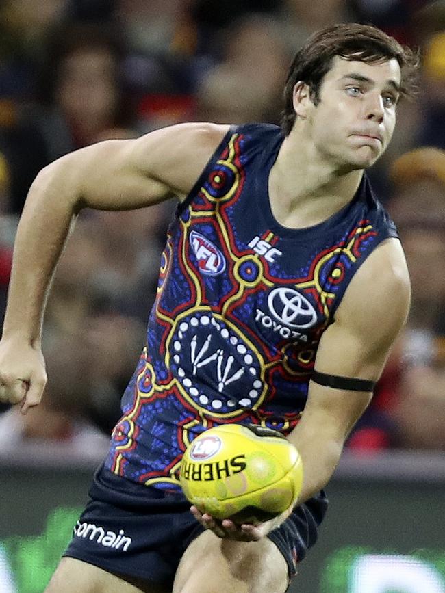 Adelaide Crows Darcy Fogarty fires out the handball against the GWS Giants at Adelaide Oval. Picture Sarah Reed