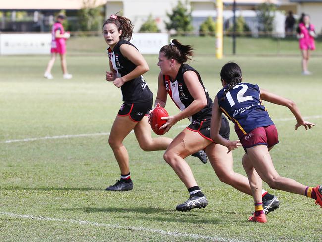 Saints' Rickie Fielding and Poppy Boltz were a formidable pair in the midfield during the AFL Cairns Women's match between the Cairns Saints and the Cairns City Lions, held at Griffiths Park, Manunda. Picture: Brendan Radke