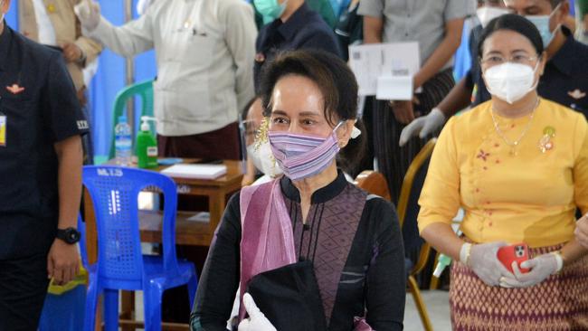 Aung San Suu Kyi at a Covid-19 vaccination centre in Naypyidaw last week. Picture: AFP