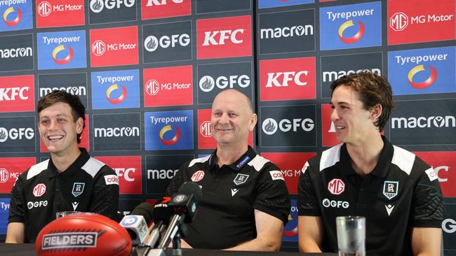 Zak Butters, Ken Hinkley and Connor Rozee at the captaincy announcement. NCA NewsWire / David Mariuz