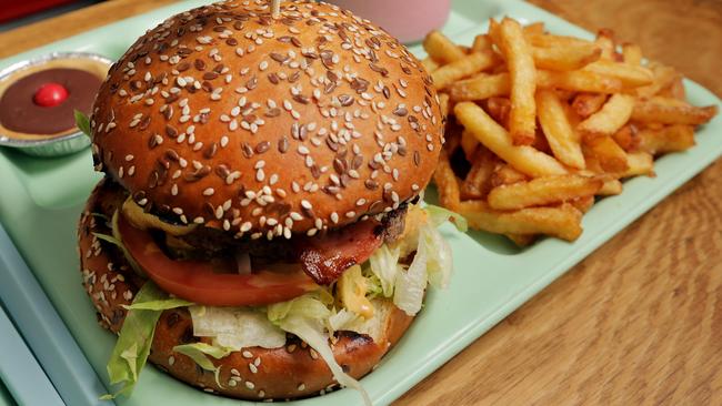 A burger at Tuckshop Takeaway in Caulfield.