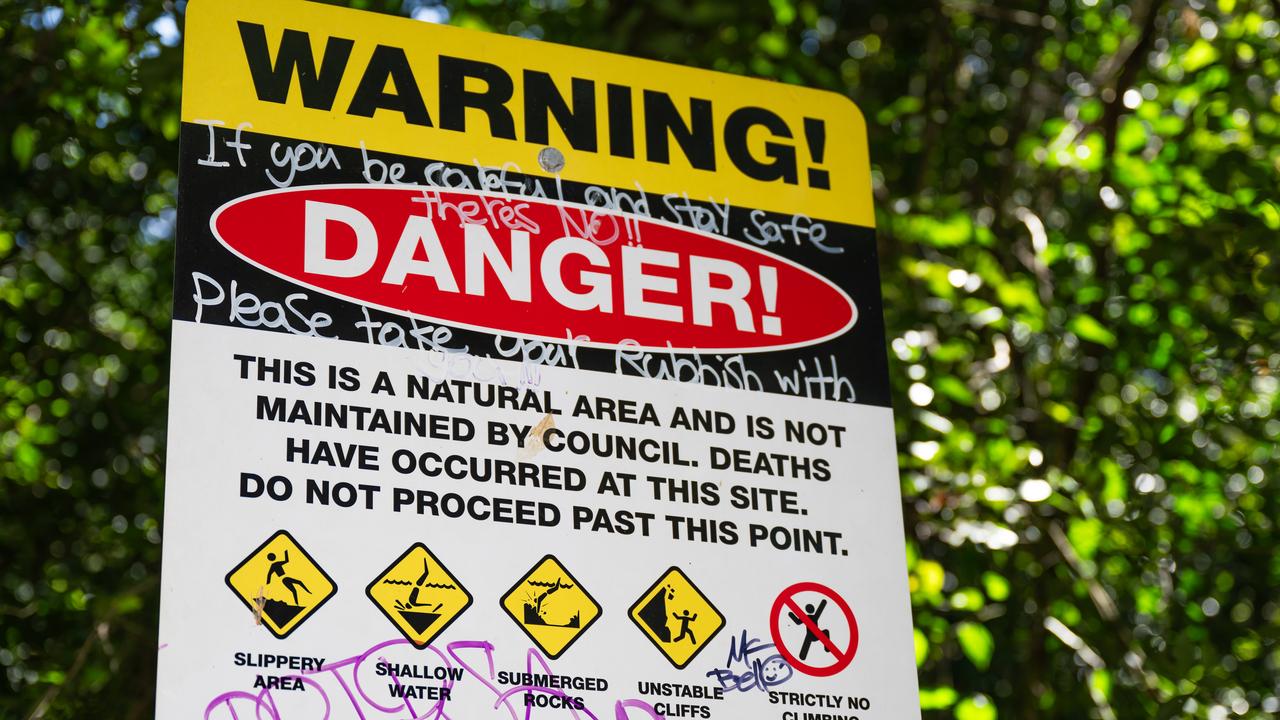 A Cairns Regional Council sign on the Isabella Falls walking track in Edmonton has been graffitied with the words “if you be careful and stay safe there’s no danger”. Picture: Emily Barker.