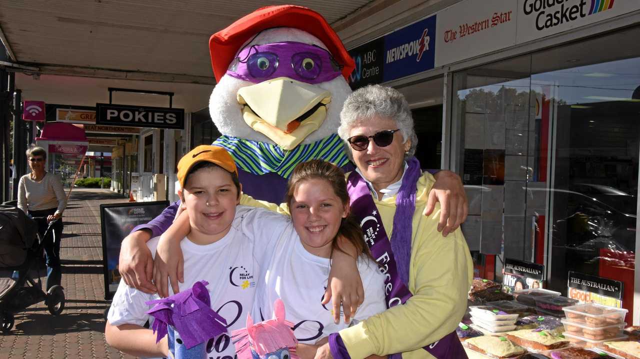 NEW FACE: Rosie Carlaw (right) with her grandchildren Jesse, Sarah and Brandon Swan, who was dressed as Sid the Seagull, during the weekend bake-sale. Picture: Alexia Austin