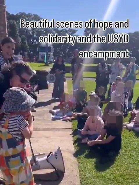 Children led in chants of 'intifada' at the University of Sydney Gaza solidarity encampment.