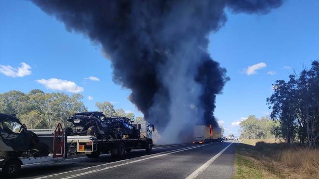 A truck on fire at on the Bruce Highway, south of Rockhampton, in July 2023.