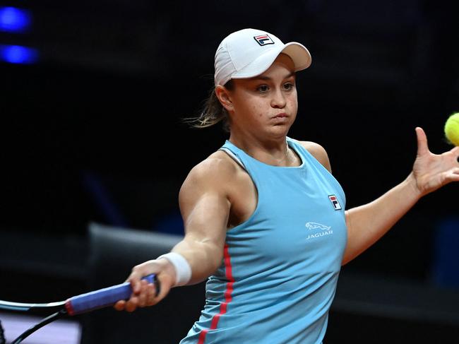 Australia's Ashleigh Barty returns the ball during her singles semi-final match against Ukraine's Elina Svitolina (not in the picture) of the Women's Tennis Grand Prix WTA 500 tournament in Stuttgart, southwestern Germany, on April 24, 2021. (Photo by Marijan Murat / POOL / AFP)