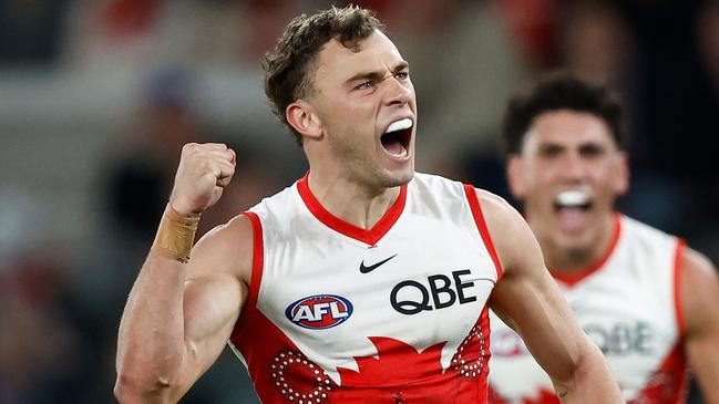 MELBOURNE, AUSTRALIA - MAY 23: Will Hayward of the Swans celebrates a goal during the 2024 AFL Round 11 match between the Western Bulldogs and the Sydney Swans at Marvel Stadium on May 23, 2024 in Melbourne, Australia. (Photo by Michael Willson/AFL Photos via Getty Images)