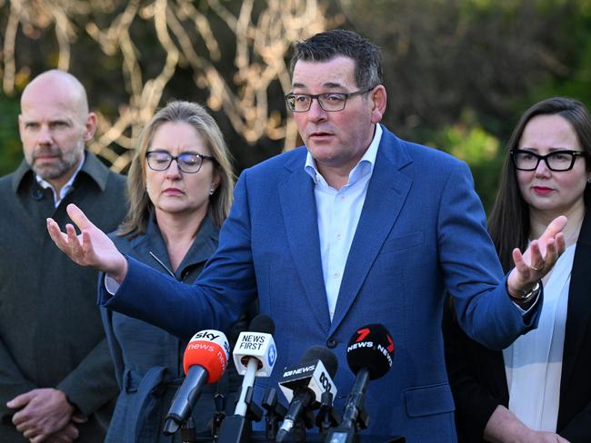 (L-R) Chief Executive Officer of the Victoria 2026 Commonwealth Games Organising Committee, Jeroen Weimar, Victorian Deputy Premier Jacinta Allan, Victorian Premier Daniel Andrews andVictorian Minister for Regional Development Harriet Shing during a press conference at Parliament House in Melbourne, Tuesday, July 18, 2023. The Andrews Labor Government has cancelled the 2026 Commonwealth Games, slated to be held across Victoria. (AAP Image/James Ross) NO ARCHIVING