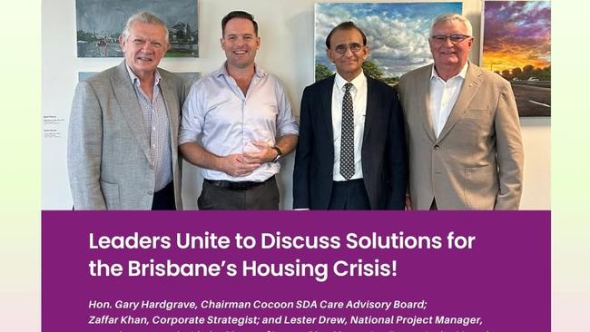 Gary Hardgrave, left, with Logan mayor Jon Raven, Cocoon SDA Care co-founder Zaffar Khan, and project manager Lester Drew.