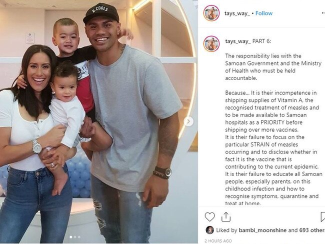 Taylor Winterstein, wife of Manly Sea Eagles player Frank Winterstein, has criticised Samoas vaccination campaign. Picture: Instagram