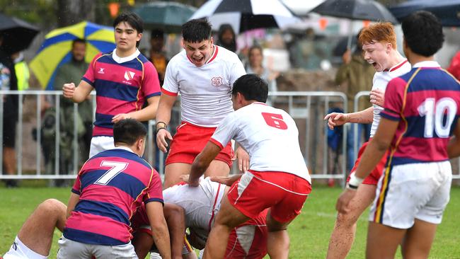 Ipswich players celebrate a try First XV GPS game between Ipswich and BSHS Saturday August 13, 2022. Picture, John Gass