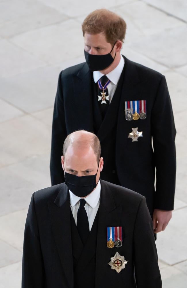 Prince William, Duke of Cambridge and Prince Harry, Duke of Sussex follow the coffin of their grandfather, Prince Philip, Duke of Edinburgh. Picture: WPA Pool/Getty Images