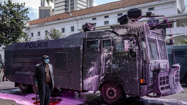 Police water cannon truck covered in paint thrown by protesters during a nationwide strike to protest against tax hikes in Nairobi. Picture: AFP