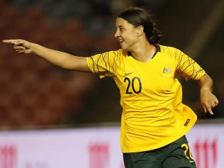 Sam Kerr of the Matildas celebrates after scoring a goal during the second International friendly match between the Australia Matildas and Chile at McDonald Jones Stadium in Newcastle, Tuesday, November 13, 2018. (AAP Image/Darren Pateman) NO ARCHIVING, EDITORIAL USE ONLY