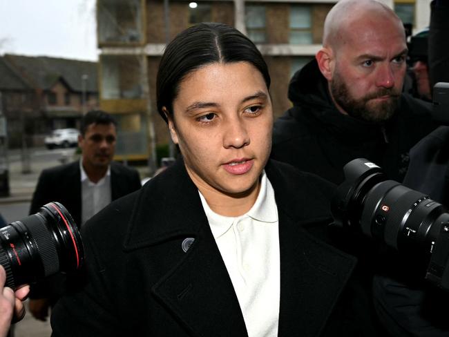 TOPSHOT - Chelsea's Australian striker Sam Kerr arrives at Kingston Crown Court in south London on February 11, 2025. Prosecutors in the trial of Kerr, who called a police officer "stupid and white", have asked the jury if perceptions would be different had she said "stupid and black". The Australia captain is on trial charged with causing racially aggravated harassment, which she denies, to police constable Stephen Lovell during an incident in southwest London in the early hours of January 30, 2023. (Photo by JUSTIN TALLIS / AFP)