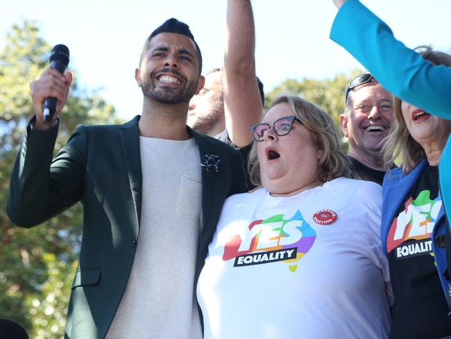 Magda Szubanski celebrates in Prince Alfred Park, Sydney after the ‘YES’ vote wins the postal plebiscite on whether same sex couples should be allowed to marry. Picture: Richard Milnes / MEGA