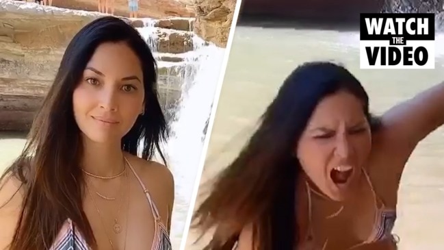 Olivia Munn stumbles over rocks in video for 40th birthday