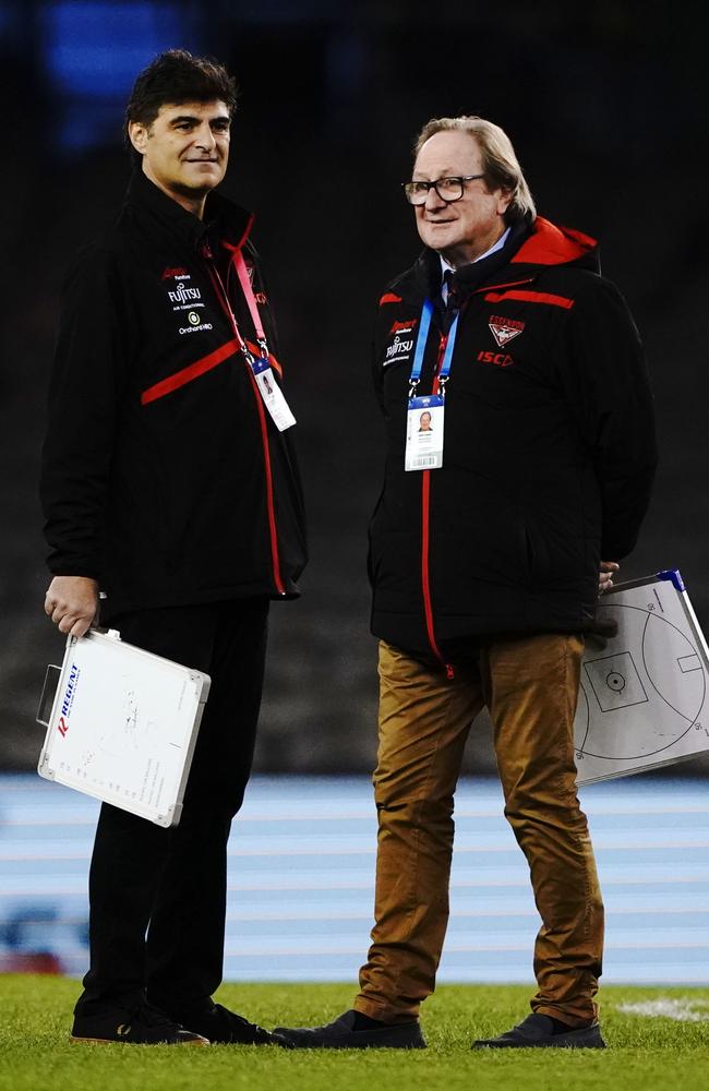 Adrian Dodoro with Bombers board member Kevin Sheedy. Picture: AAP Image/Michael Dodge