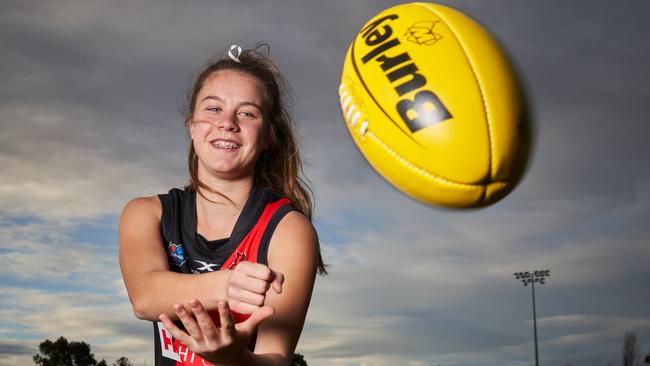 Footballer, Keeley Kustermann, 16 from West Adelaide Bloods in Richmond, ahead of the teamÃs first SANFLW preliminary final, Thursday, Aug. 13, 2020. Picture: MATT LOXTON