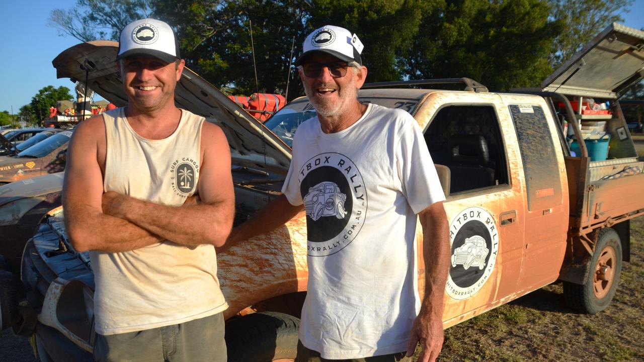 Last across the Shitbox Rally line was a 1999 Holden Rodeo, driven by father-and-son Adam and Ian Vidal.