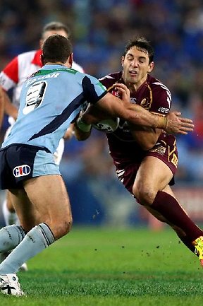 State of Origin II: Queensland fullback Billy Slater runs into the tackle of NSW hooker Robbie Farah. Picture: Sam Ruttyn