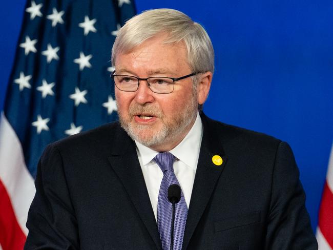 Kevin Rudd, president of the Asia Society, introduces Antony Blinken, US secretary of state, not pictured, at George Washington University in Washington, D.C. US, on Thursday, May 26, 2022. Blinken used his remarks to explain existing policies rather than unveil any bold new direction that includes a strategy of investing in democracy and innovation at home. Photographer: Eric Lee/Bloomberg via Getty Images