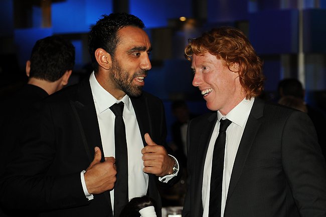 Sydney's Adam Goodes with Geelong captain Cameron Ling at the Brownlow Medal ceremony. Picture: Michael Dodge