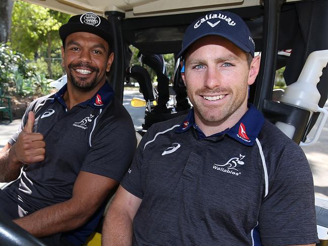 GOLD COAST, AUSTRALIA - SEPTEMBER 12:  Kurtley Beale and Bernard Foley at Royal Pines Resort on September 12, 2018 in Gold Coast, Australia.  (Photo by Chris Hyde/Getty Images)