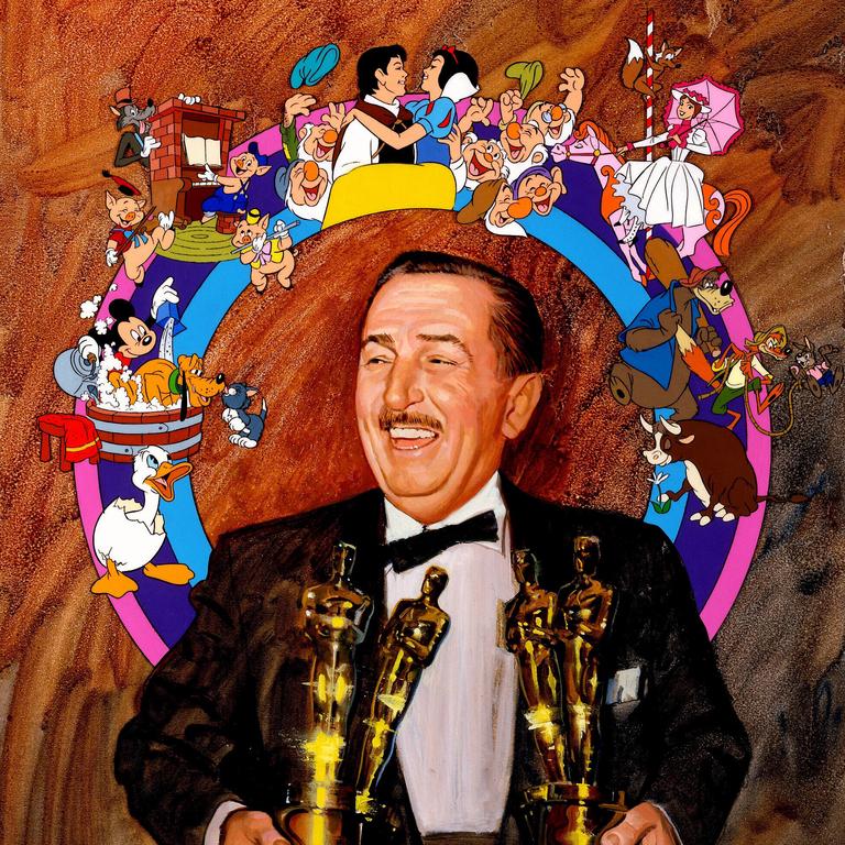 A painting of Walt Disney holding some Academy Award trophies. Picture: supplied