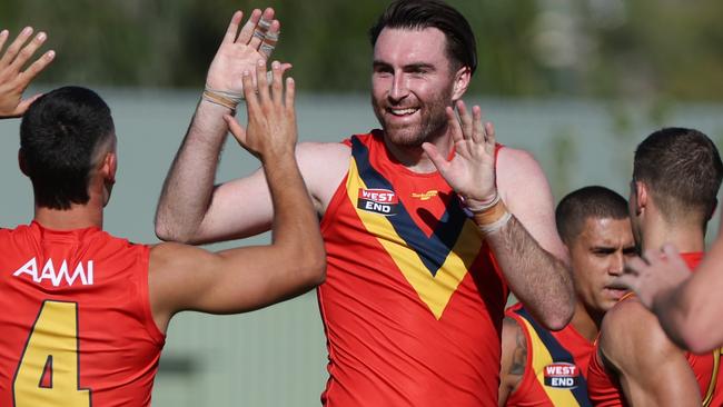 South Australia captain Liam McBean celebrates kicking a goal in the SANFL’s 11-point loss to the VFL in the Barossa Valley last month. Picture: David Mariuz/SANFL