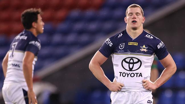 Tom Gilbert cut a devastated figure in the dressing sheds after the Cowboys loss to Sydney. (Photo by Mark Kolbe/Getty Images)