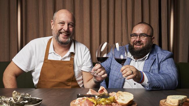 Co-owners Paul Shaw and Micha Ilic at the new food and wine bar, Vault-91 in Adelaide. Picture: MATT LOXTON