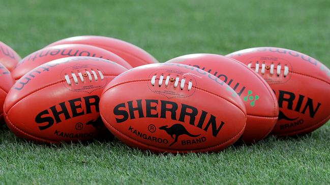 Footballs used for training during the round 1 AFL match between the Geelong Cats and the Adelaide Crows, at Simonds Stadium in Geelong, Thursday, March 20, 2014. (AAP Image/Joe Castro) NO ARCHIVING, EDITORIAL USE ONLY