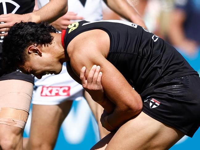 MELBOURNE, AUSTRALIA - MARCH 01: Mitch Owens of the Saints is seen injured during the 2025 AFL AAMI Community Series match between the St Kilda Saints and the Port Adelaide Power at RSEA Park on March 1, 2025 in Melbourne, Australia. (Photo by Michael Willson/AFL Photos via Getty Images)