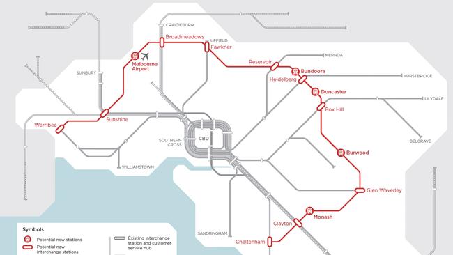 The broad alignment for the Suburban Rail Loop.