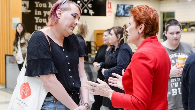Rebecca Hammond, 46, approached Pauline Hanson during a campaign visit at Elizabeth Shopping centre. Picture: NCA NewsWire / Brenton Edwards