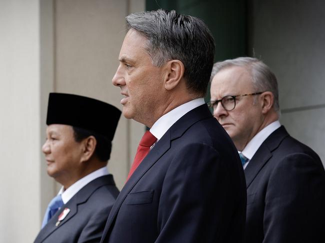 20-08-2024 - (L-R)President-elect Prabowo Subianto, Prime Minister Anthony Albanese and Deputy Prime Minister and Minister for Defence, Richard Marles hold a press conference at Parliament House in Canberra.