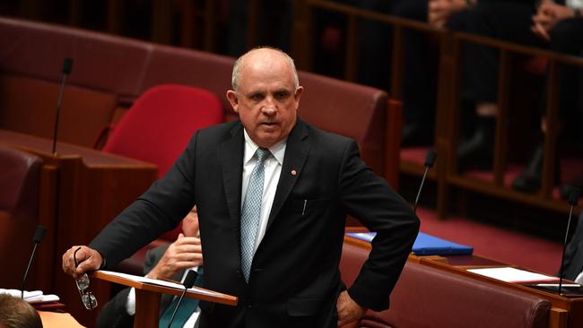 Nationals Senator John Williams during his valedictory speech in the Senate at Parliament House in February. Picture: AAP