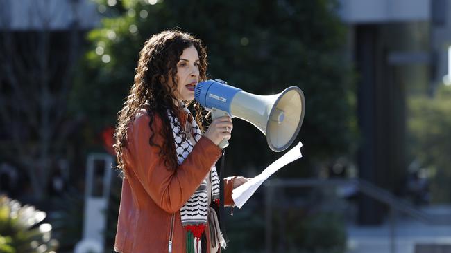 Hundreds of academics have signed an open letter in support of anti-Israel activist Randa Abdel-Fattah, pictured speaking at a pro Palestine protest at Macquarie University in Sydney. Picture: Richard Dobson