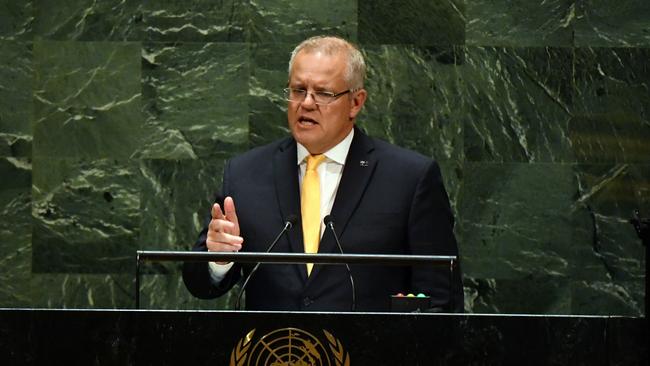 Prime Minister Scott Morrison speaking at the United Nations General Assembly in New York, during his US trip last month. Picture: AAP Image/Mick Tsikas