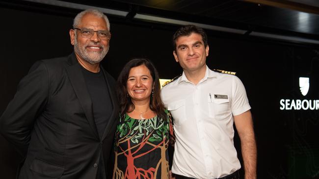 Arnold Donald, Natalya Leahy President of SeaBourn Cruise Line and Captain Ertan Vasvi at the luxury cruise ship Seabourn Pursuit arrives Darwin Port for the first time this year for its first season in the Kimberleys. Picture: Pema Tamang Pakhrin