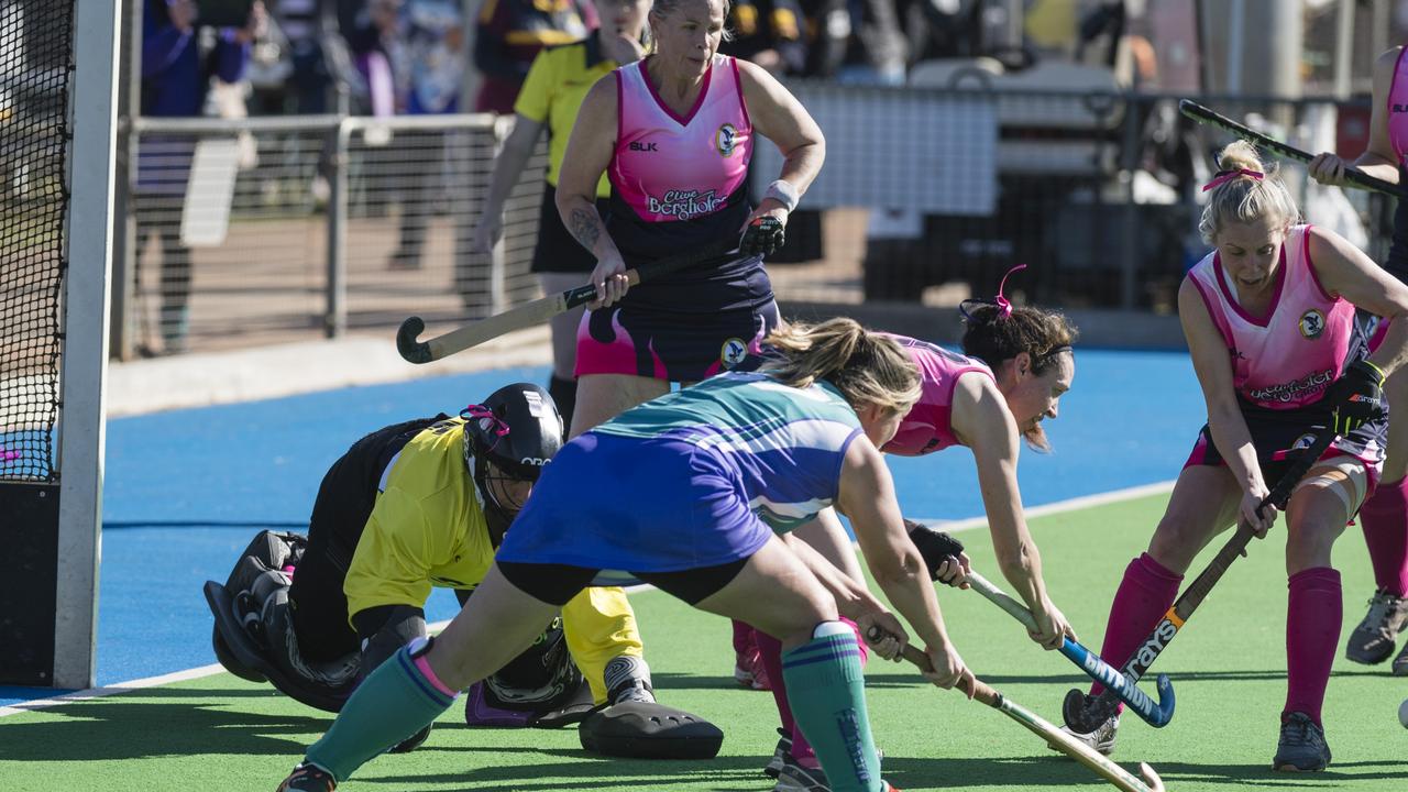 Toowoomba 1 defend an attack from Tweed 1 during the 2023 Hockey Queensland Womens Masters State Championships at Clyde Park, Toowoomba. Picture: Kevin Farmer